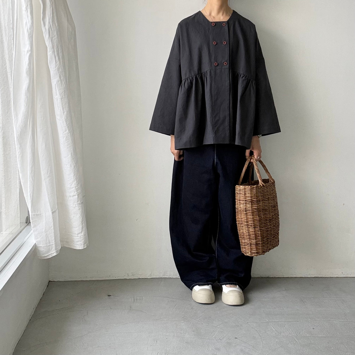MAGALI  コットンリネンオーバーダイダブルボタンジャケット　チャコール