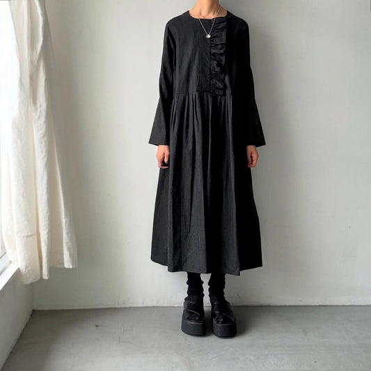 MAGALI 墨染めコットンリネンフリルワンピース