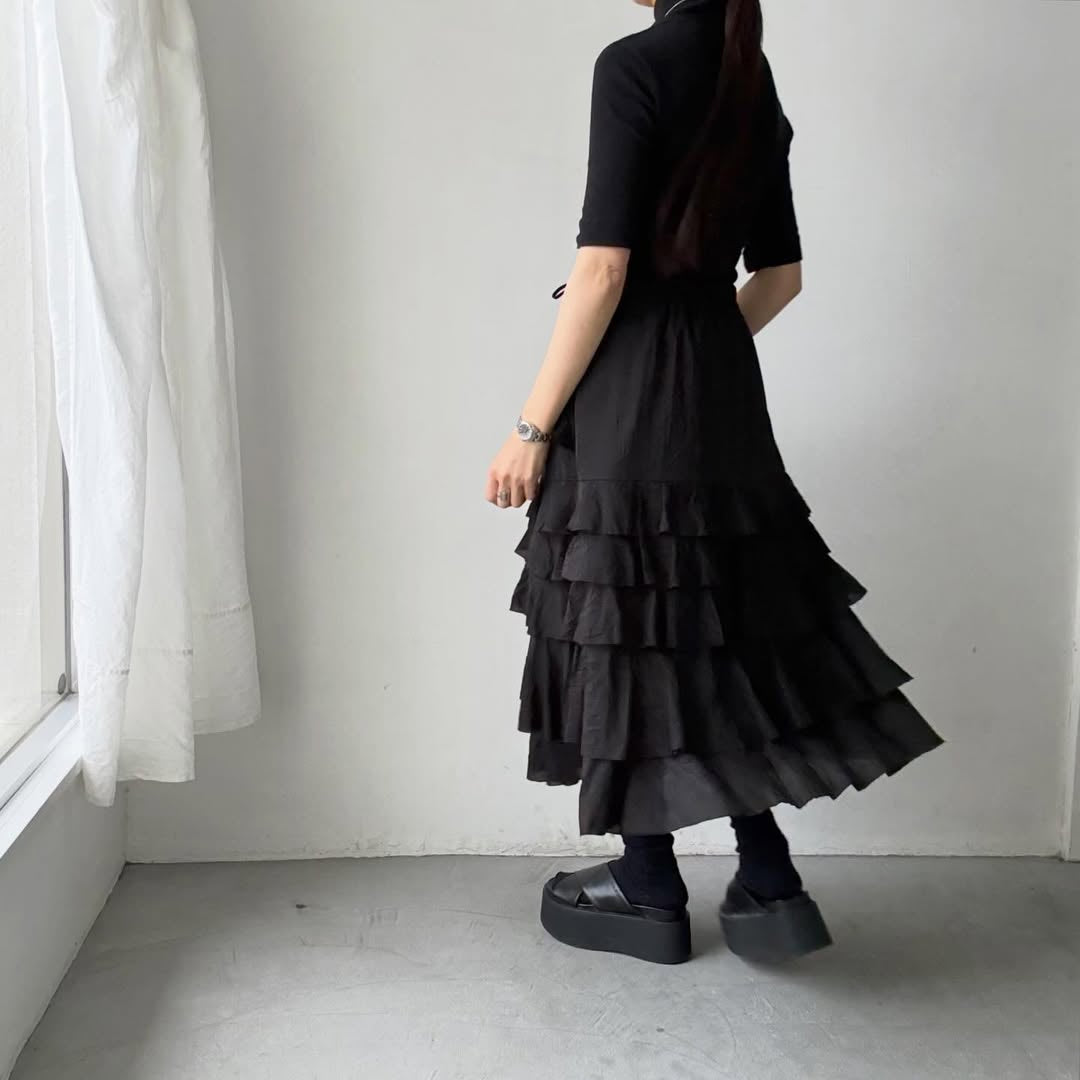 MAGALI コットンシルクブレイドティアードスカート　ブラック