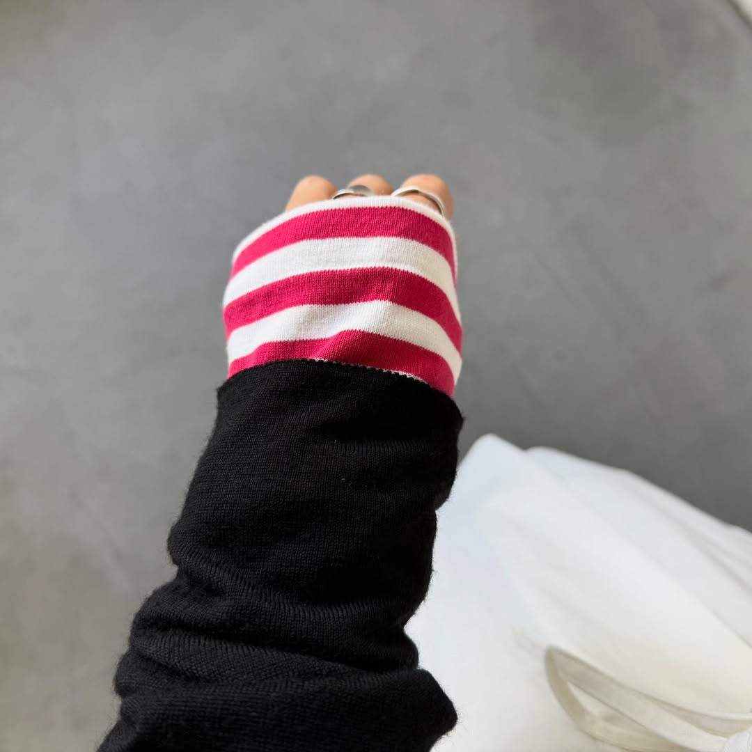 R&D.M.Co 裏起毛ボーダークルーネック長袖Tシャツ　ホワイト×ピンク