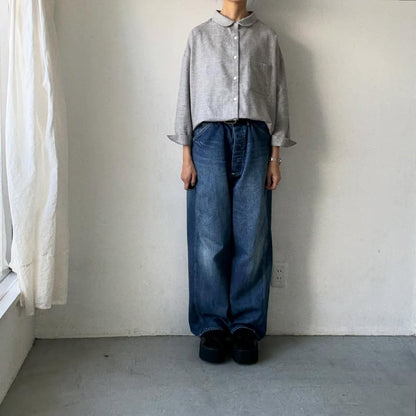 Linenya  コットンヤク丸襟長袖ブラウス　グレー