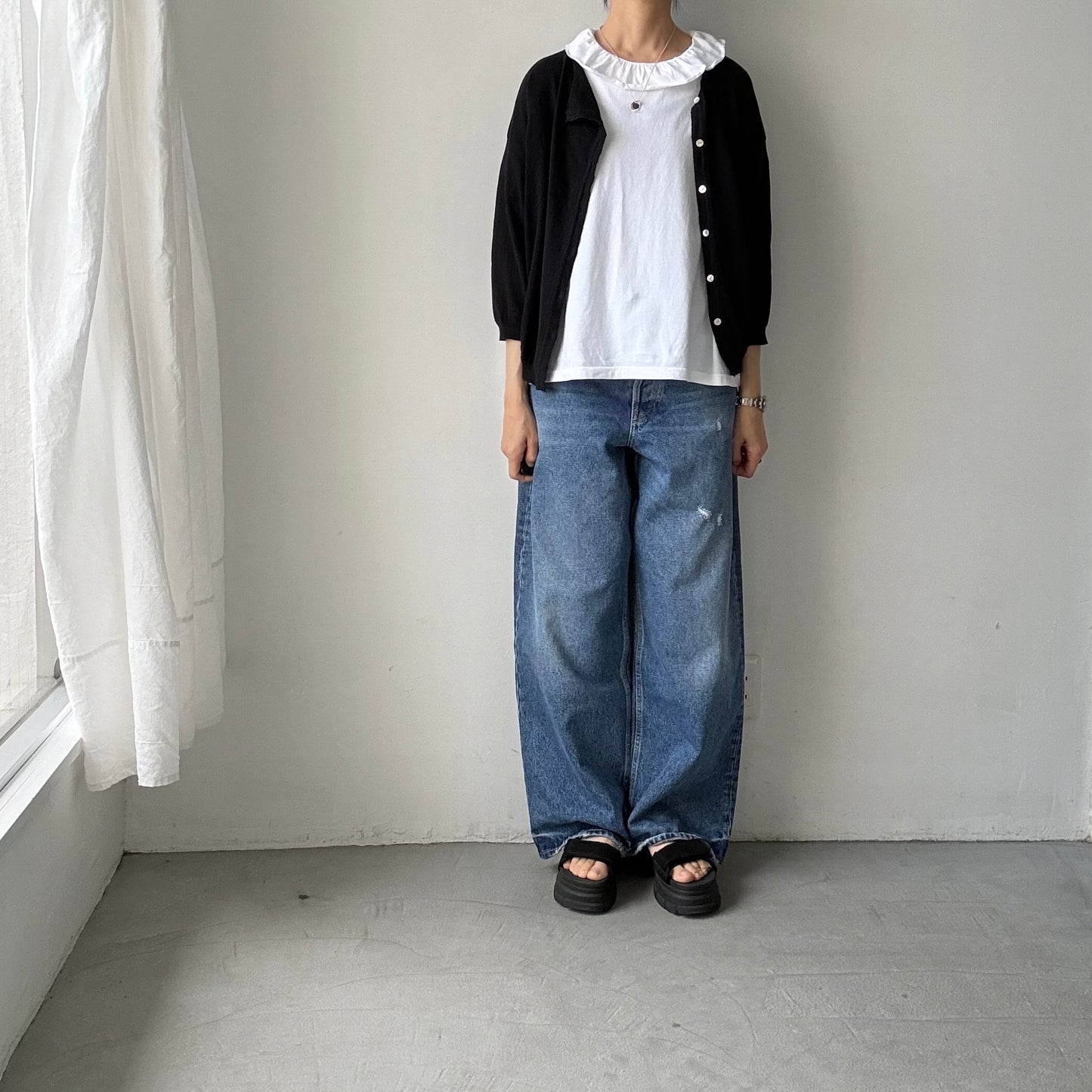 homspun 天竺フリルカラー半袖プルオーバー　ホワイト