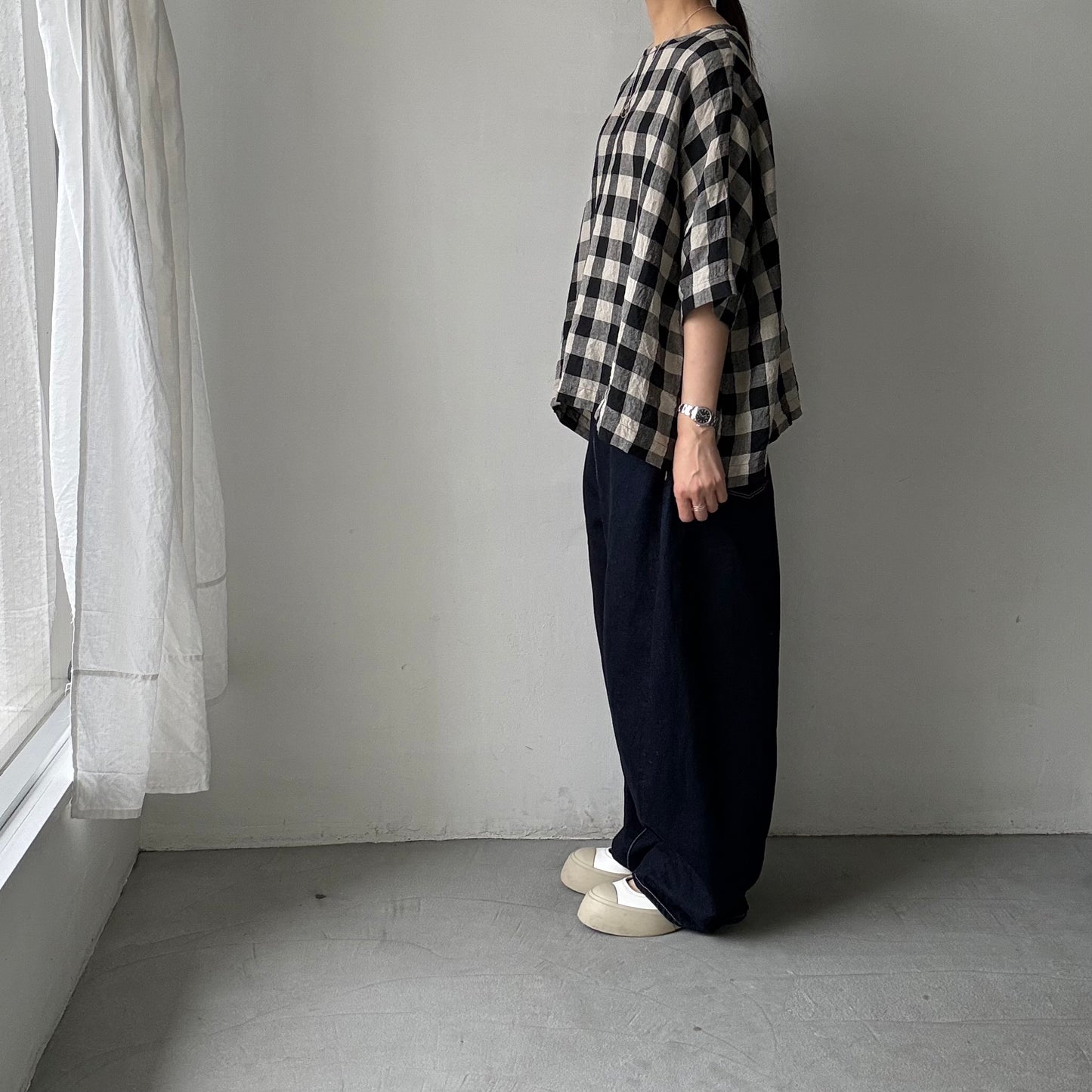 jujudhau ビッグチェックリネンワイドシャツ