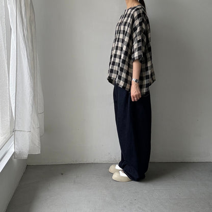 jujudhau ビッグチェックリネンワイドシャツ