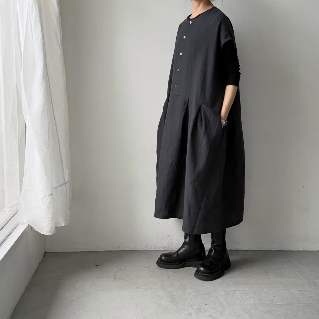 Linenya  リネンフレンチスリーブワンピース　チャコール