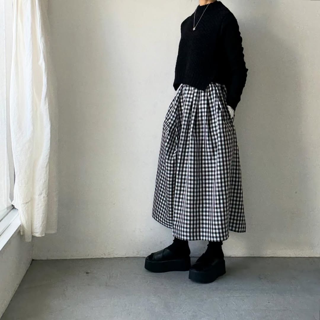 ayanoguchiaya　ギンガムチェックタックワイドスカート(blanc別注)